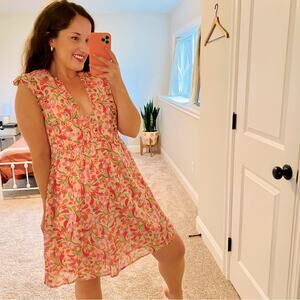 Banjanan Pink Peach Cotton Floral Mini Dress Medium